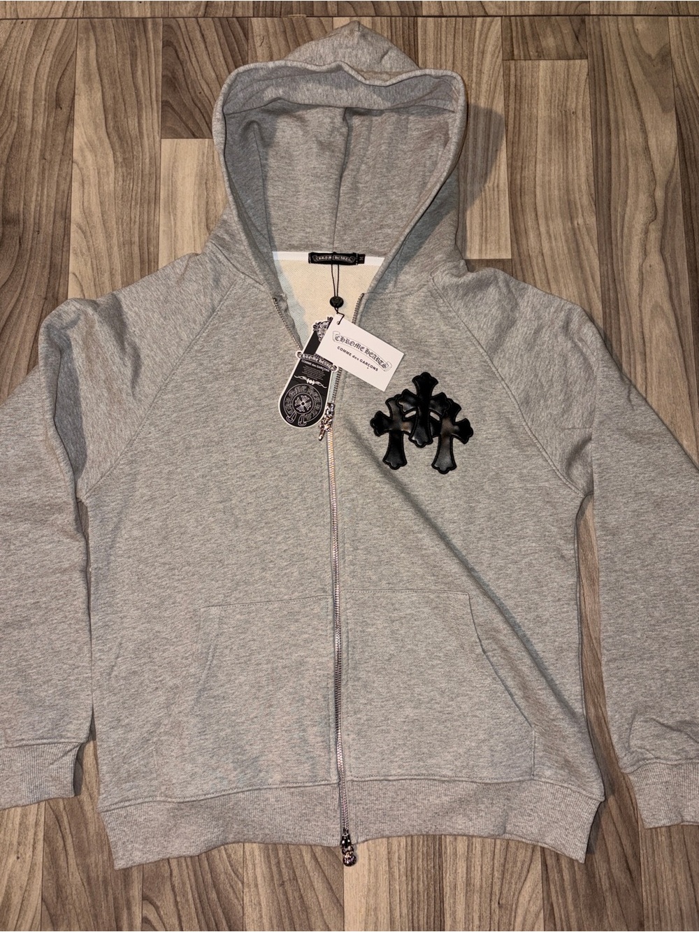 Chrome heart Light Gray Hooded Zip Sweatshirt with Cross Patch
